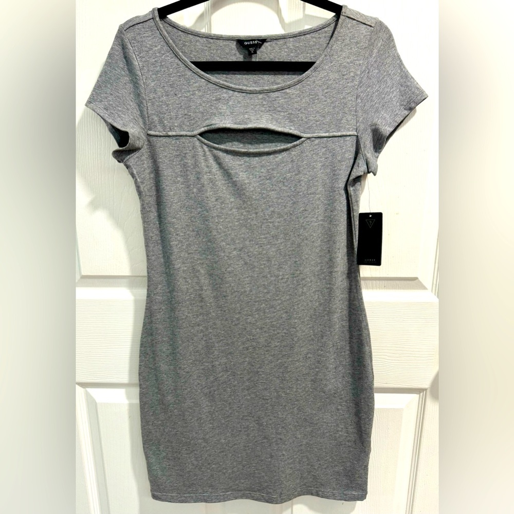 Guess Cap Sleeve Cloudy Grey Heather Front Cut-Out BodCon Dress. Size XL.
